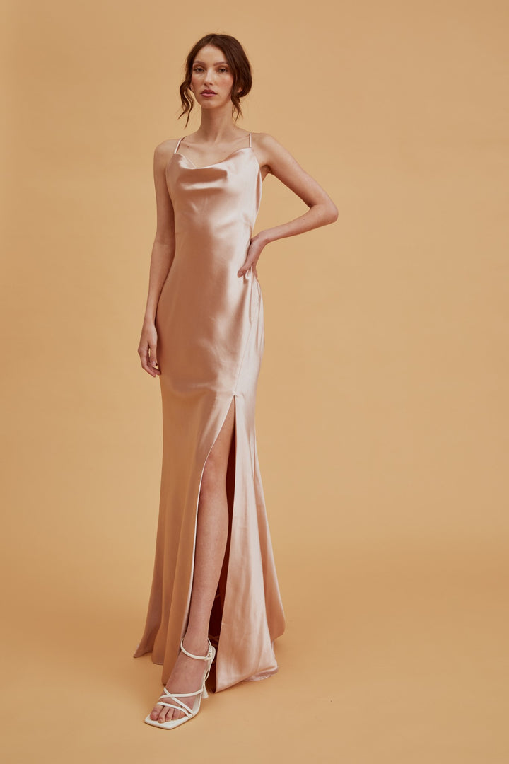 Pippa Champagne Satin Bridesmaid Cowl-Neck Slip Dress - True Decadence Pippa Champagne Satin Bridesmaid Cowl-Neck Slip Dress - True Decadence