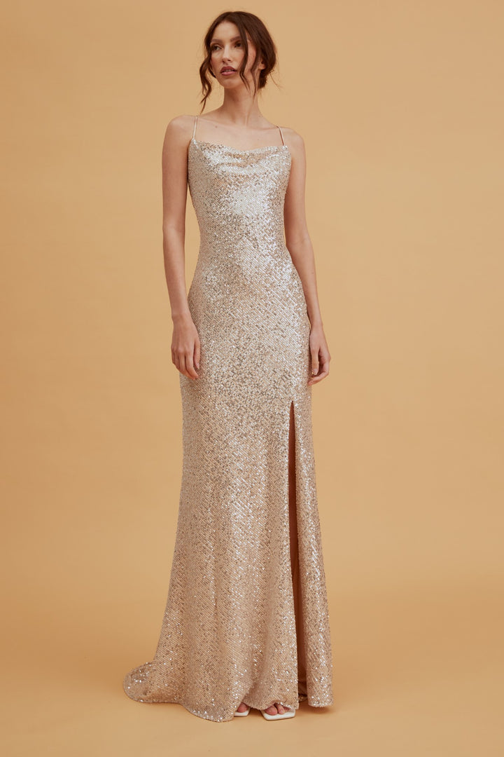 Pippa Champagne Sequin Bridesmaid Cowl-Neck Slip Dress