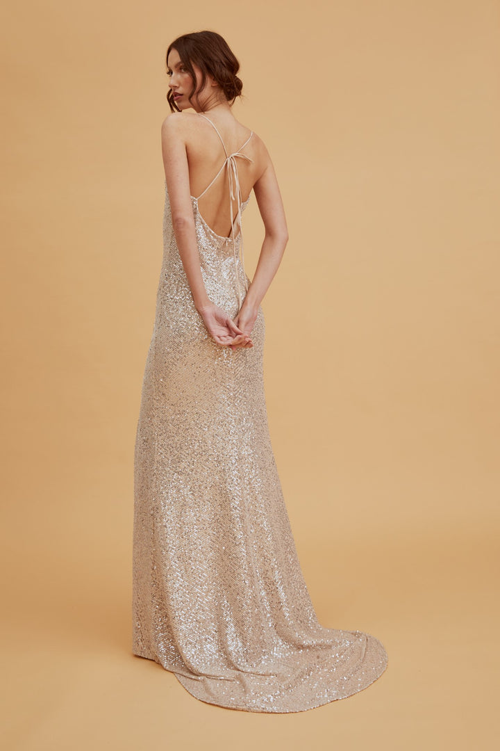 Pippa Champagne Sequin Bridesmaid Cowl-Neck Slip Dress