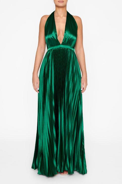 Celia Emerald-Green Pleated Satin Halterneck Maxi-Dress - True Decadence Celia Emerald-Green Pleated Satin Halterneck Maxi-Dress - True Decadence