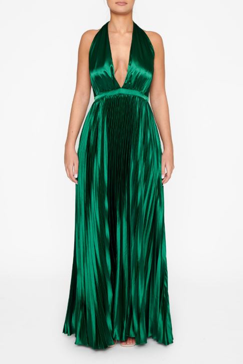 Celia Emerald-Green Pleated Satin Halterneck Maxi-Dress