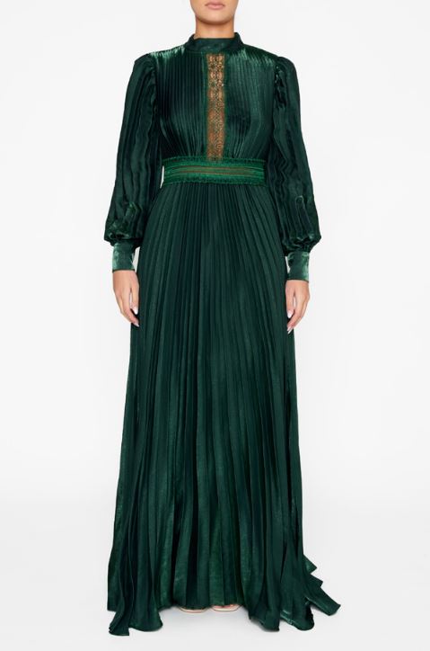 Athena Emerald Green Metallic Pleated Long Sleeve Maxi-Dress